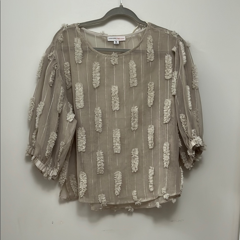 Tan Boxy Blouse with Ruffled 3/4 Sleeves